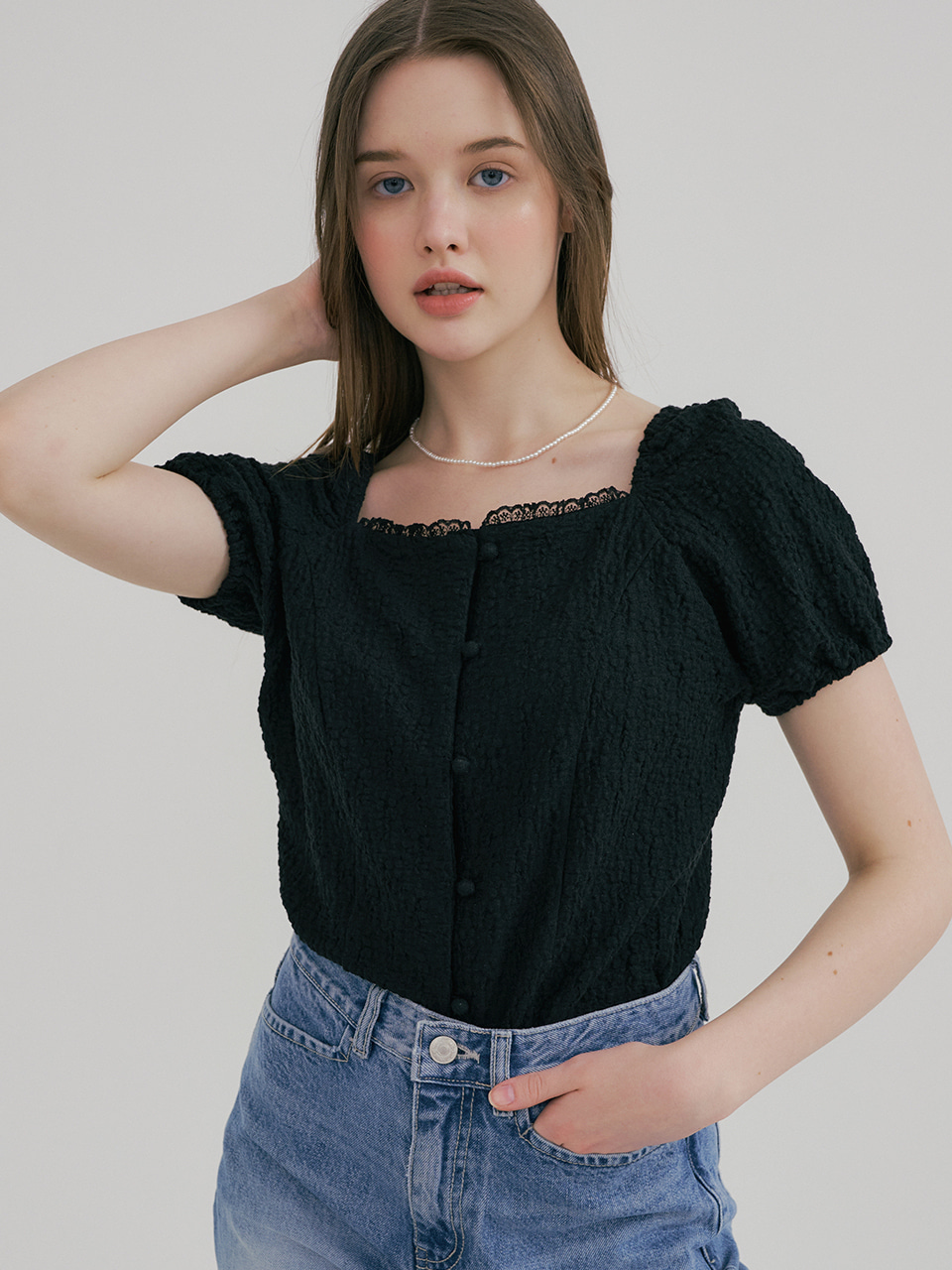 monts 1475 summer lace square neck blouse (black)